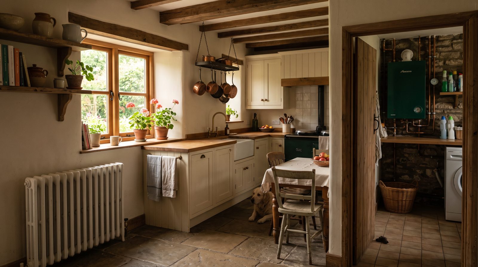 Farmhouse kitchen with an oil boiler in the utility room beyond