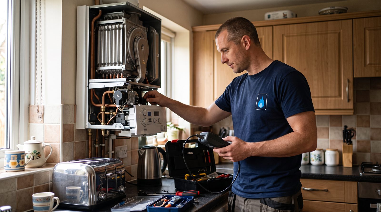 Engineer carrying out a boiler service with a flue gas analyser