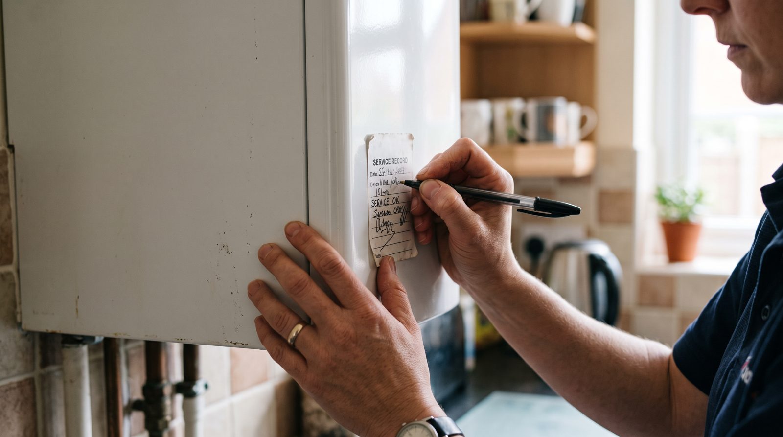 Service record sticker being completed after a boiler service
