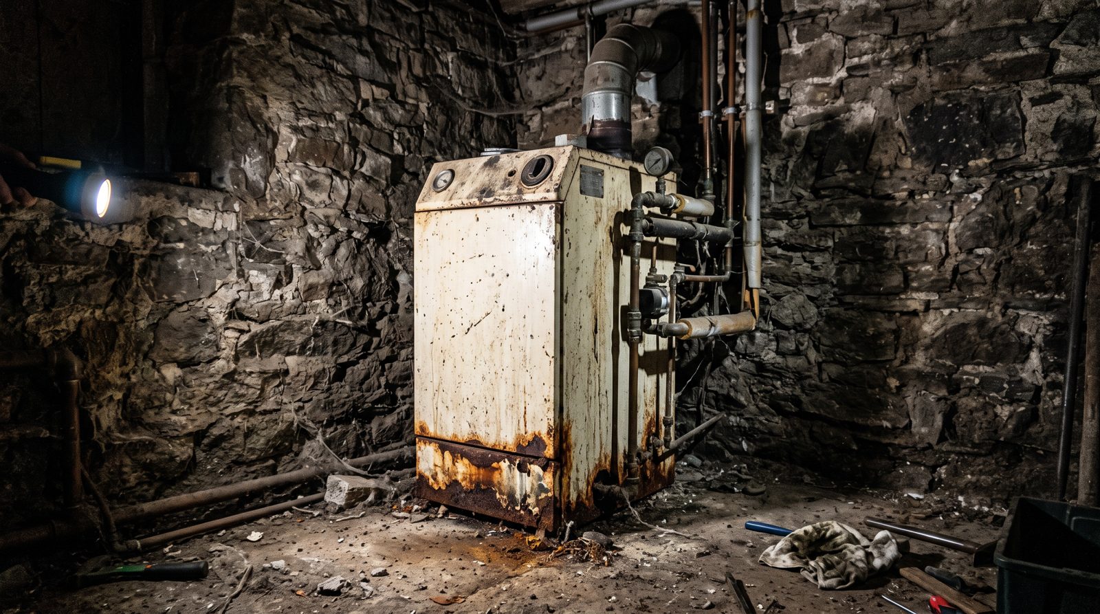 Engineer inspecting an ageing oil boiler in a farm outbuilding