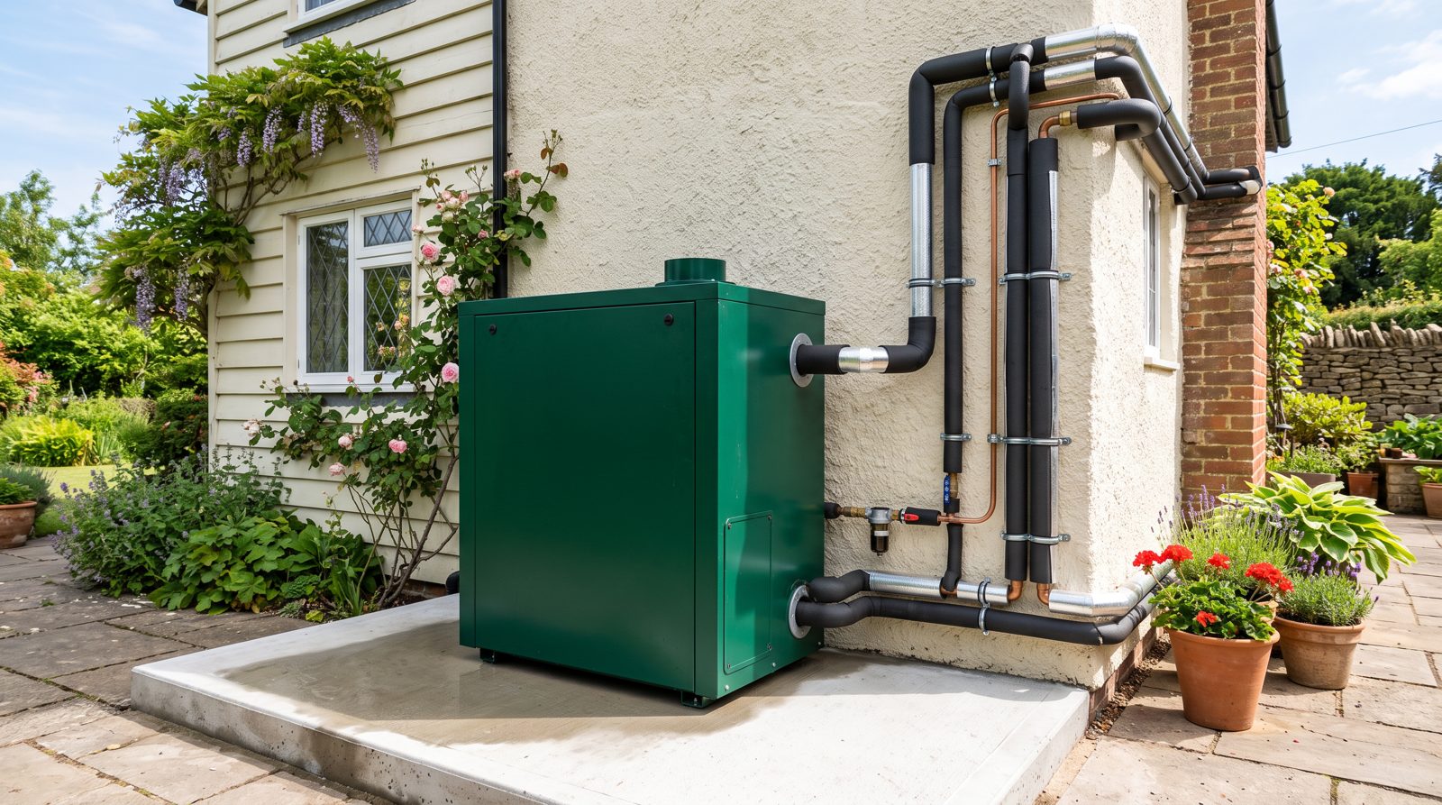 A modern external oil boiler installed as a replacement