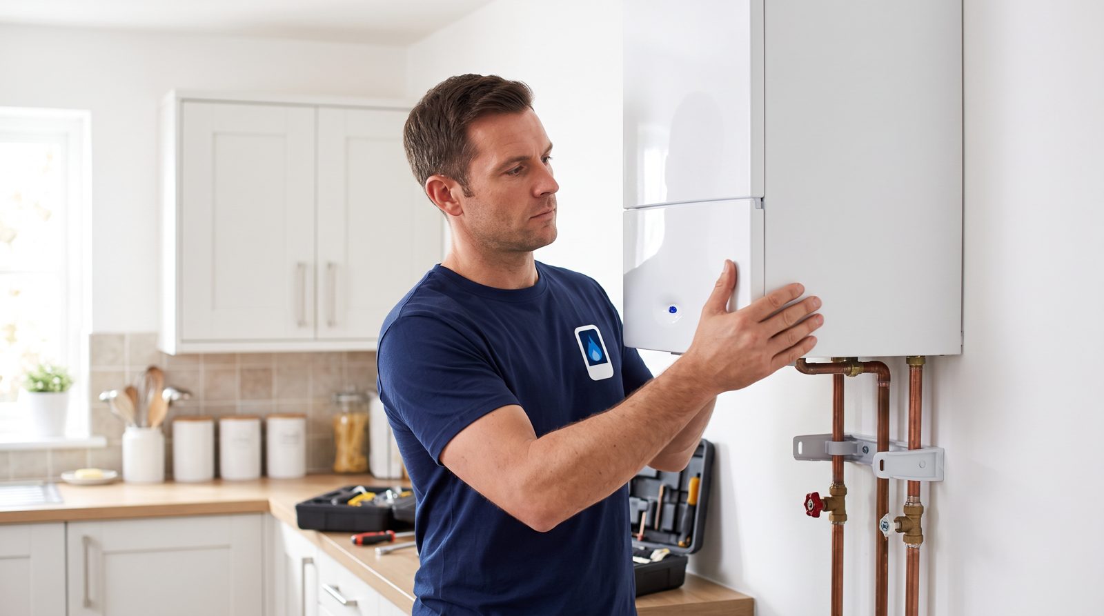 Engineer lifting a new boiler onto its wall bracket