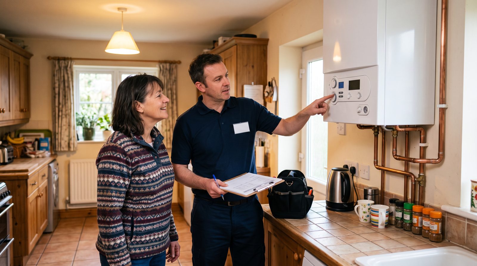 Homeowner and engineer at a newly installed boiler