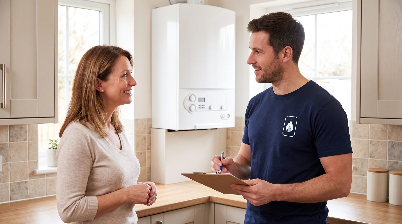 Homeowner and engineer discussing new boiler options