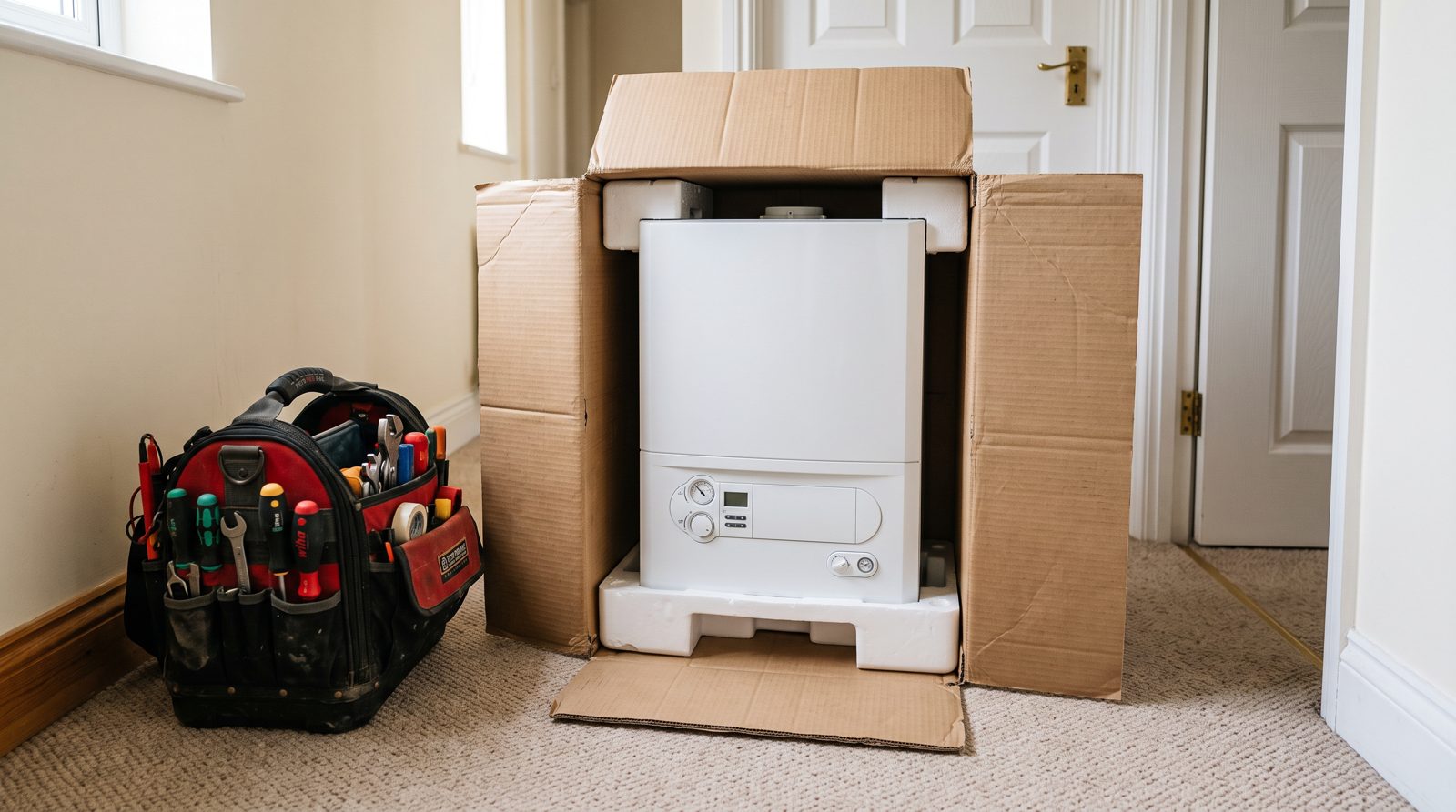 New boiler in its box ready for installation