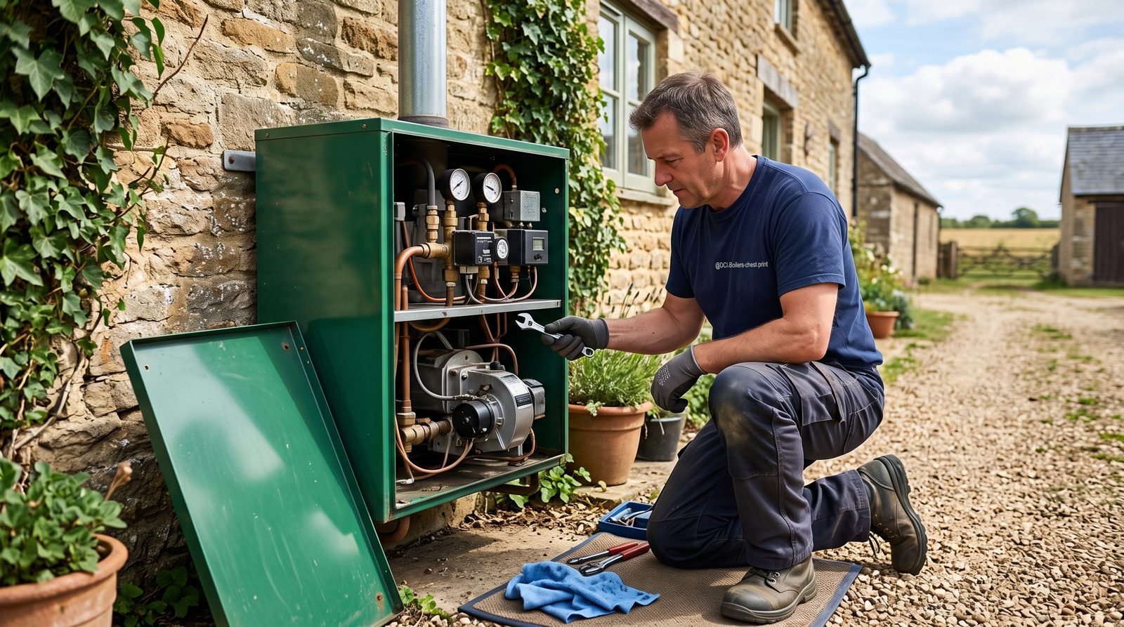 Engineer servicing an external oil boiler with the casing open