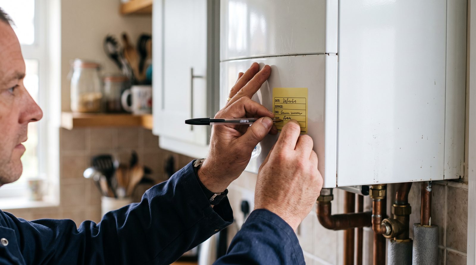 Annual boiler service sticker being dated by the engineer