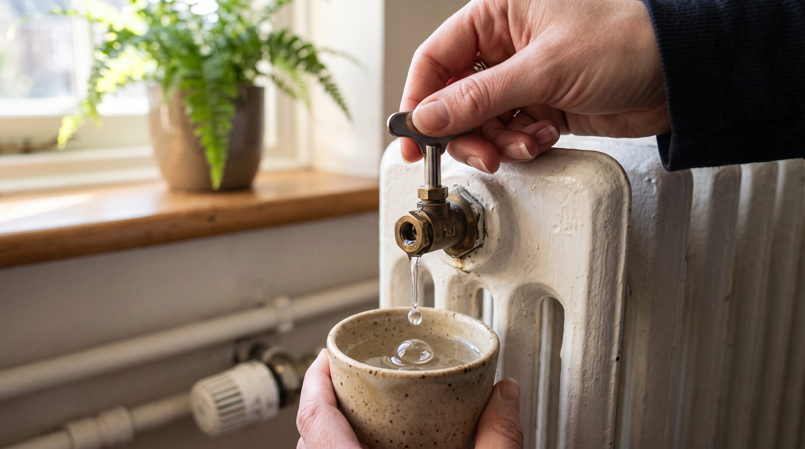 Air and water escaping a radiator bleed valve into a cup