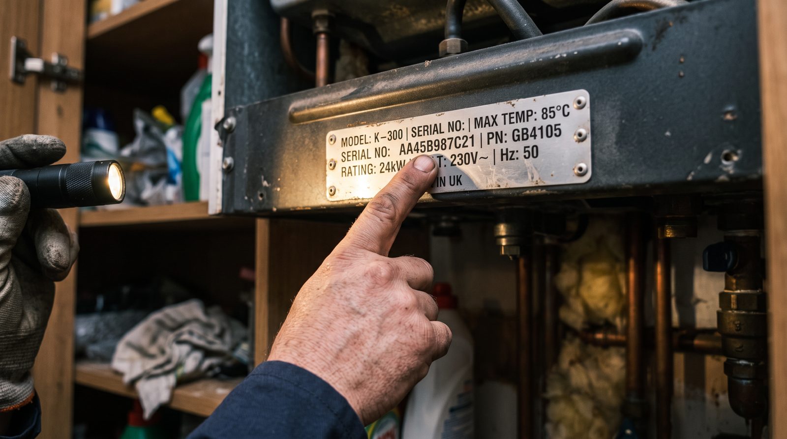 Boiler serial number and data plate used to check the installation date