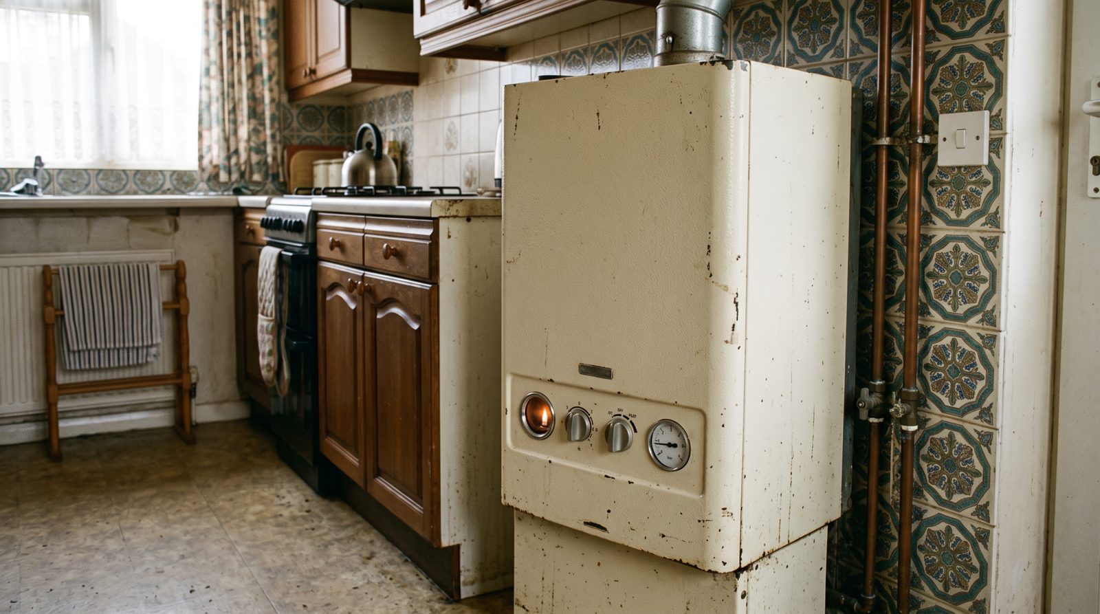 An older non-condensing floor-standing boiler with a pilot light