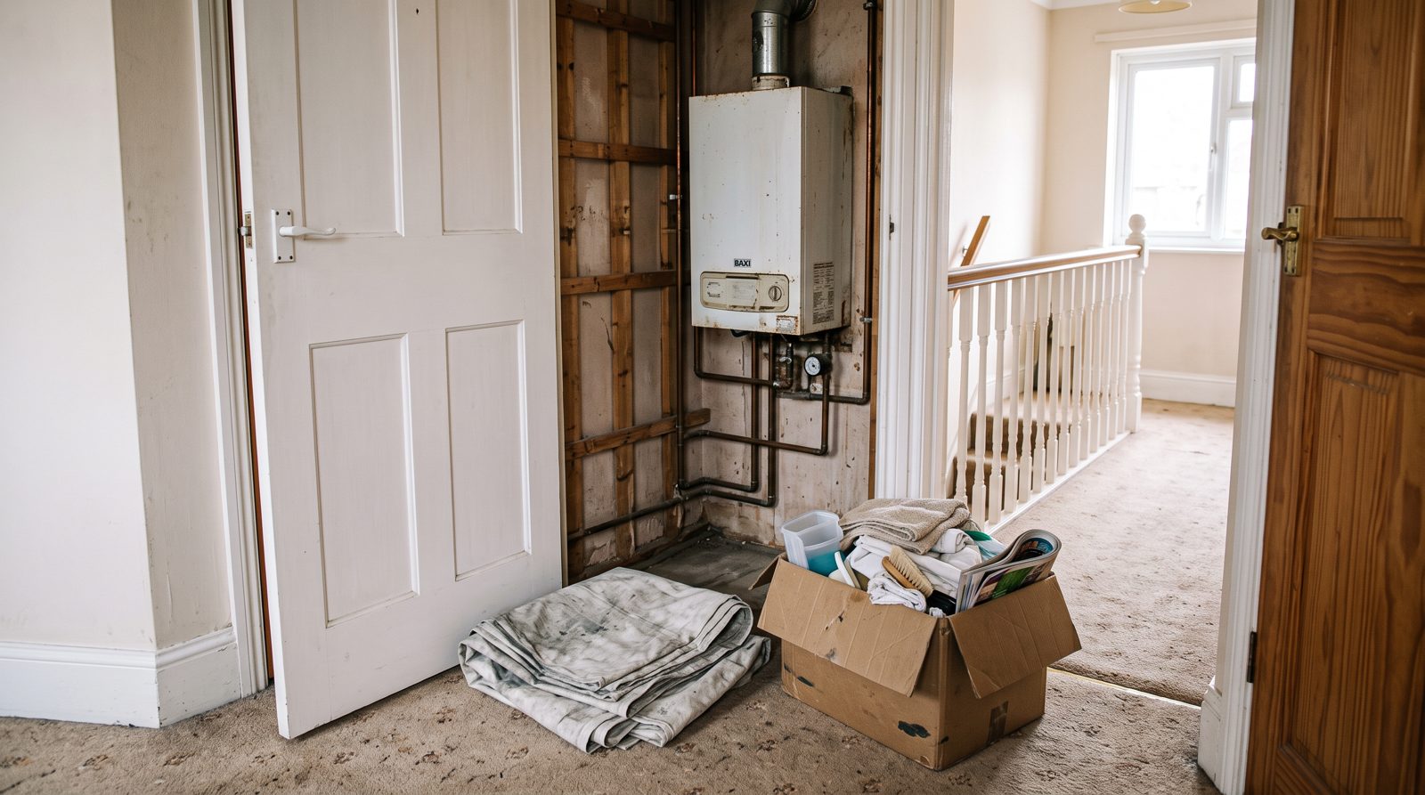 Airing cupboard cleared ready for a boiler installation