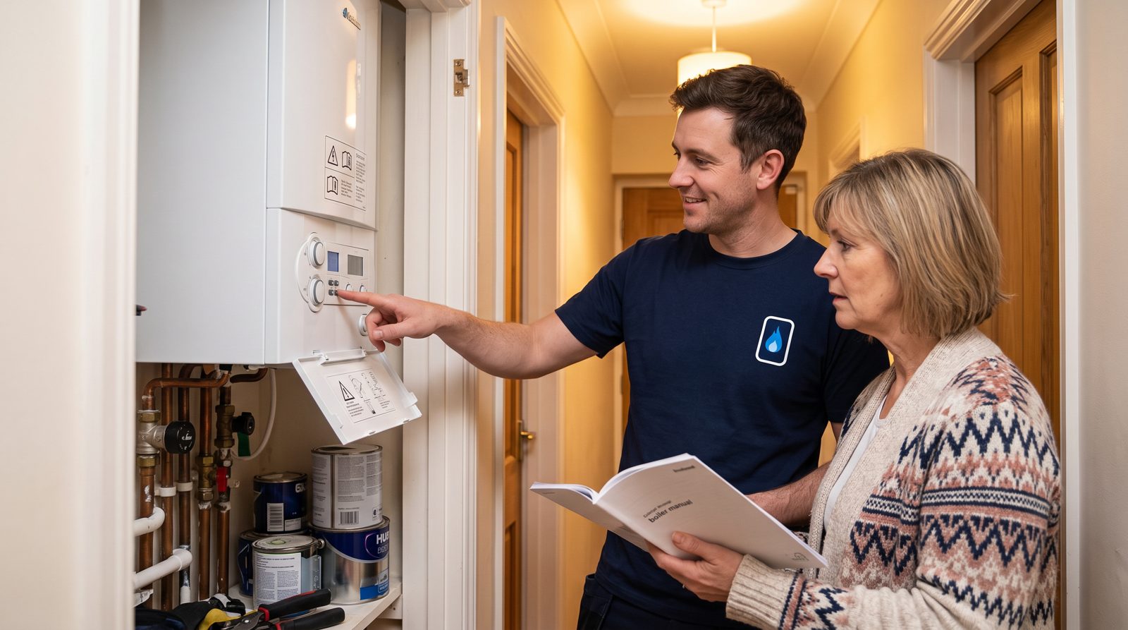 Engineer explaining the new boiler controls at the handover