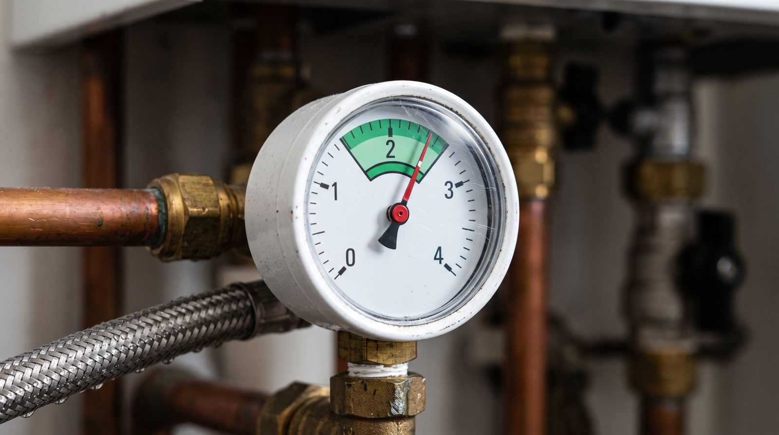 Pressure gauge rising into the green zone as the system is topped up