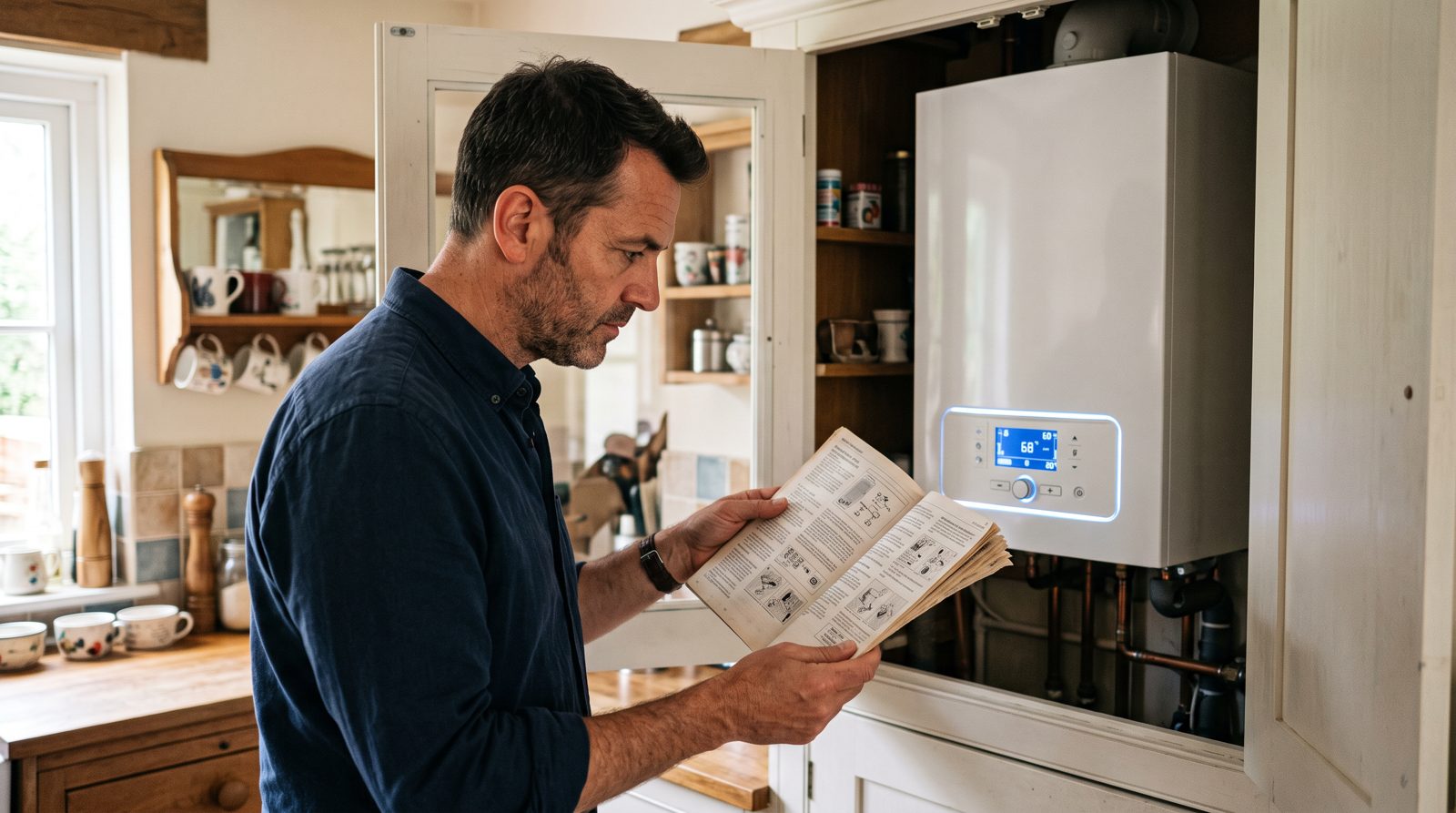 Looking up a boiler fault code in the manual before resetting