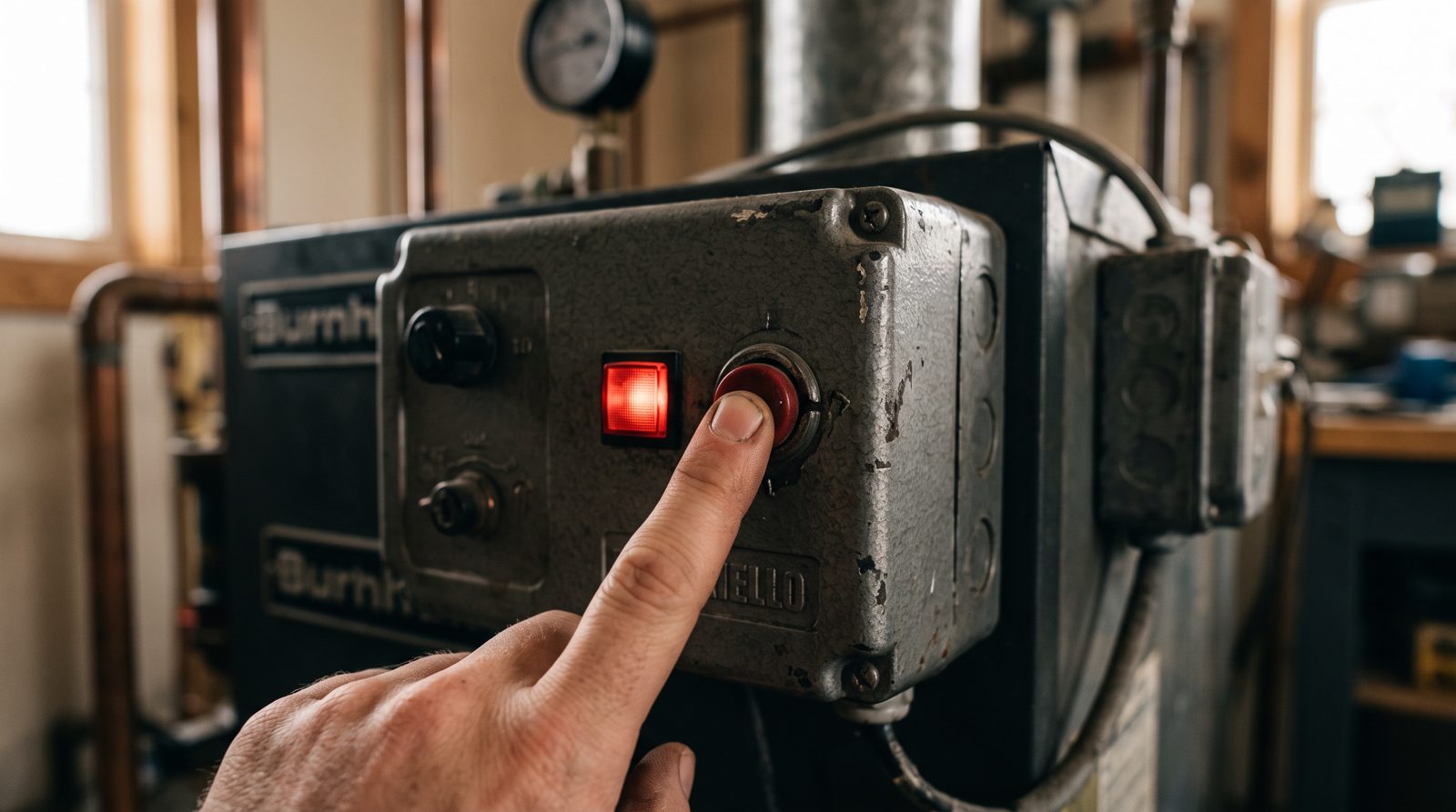 Reset button on an oil boiler burner control box