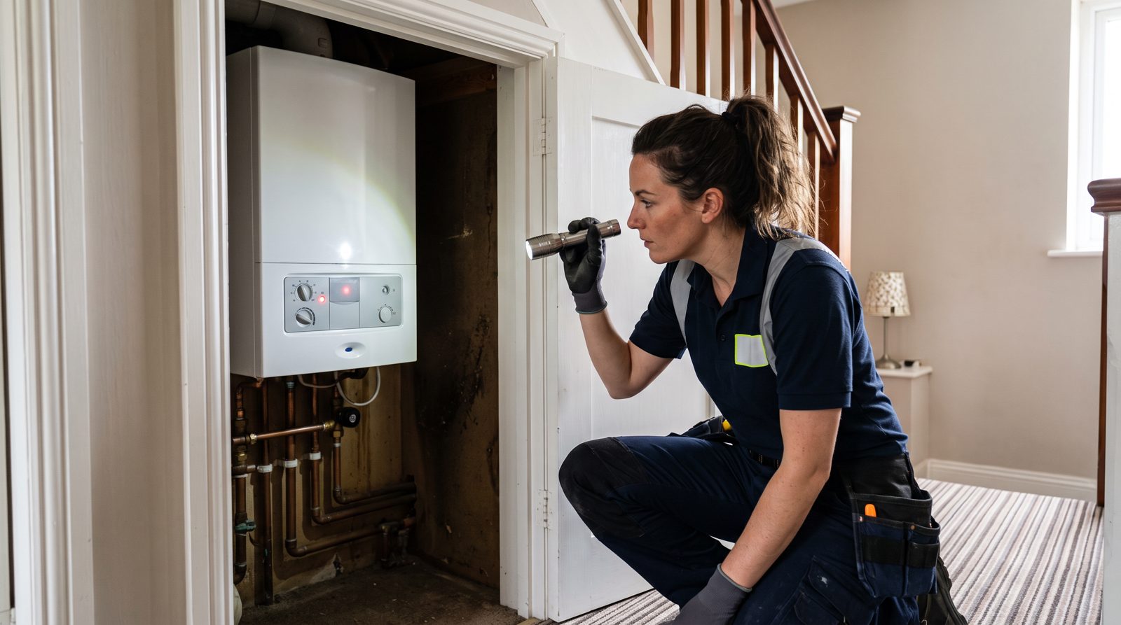 Engineer checking an Ideal style boiler showing a fault light