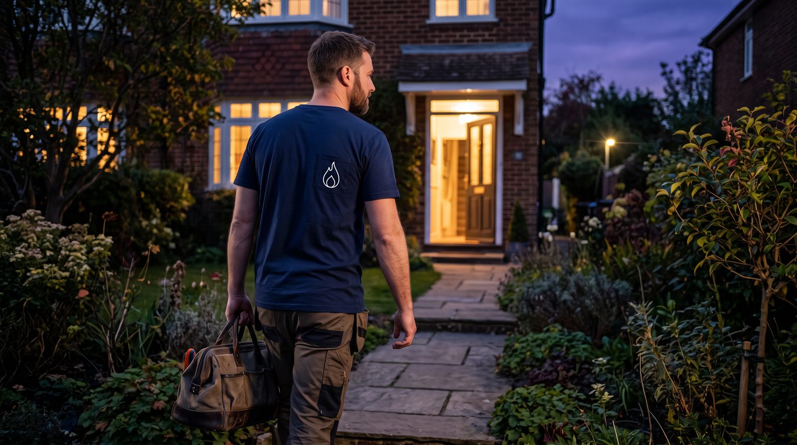 Emergency heating engineer arriving at a home in the evening