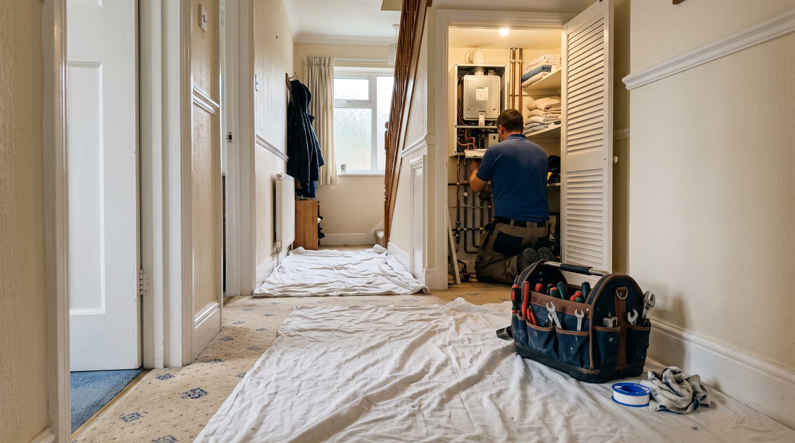 Dust sheets protecting a hallway during a boiler installation