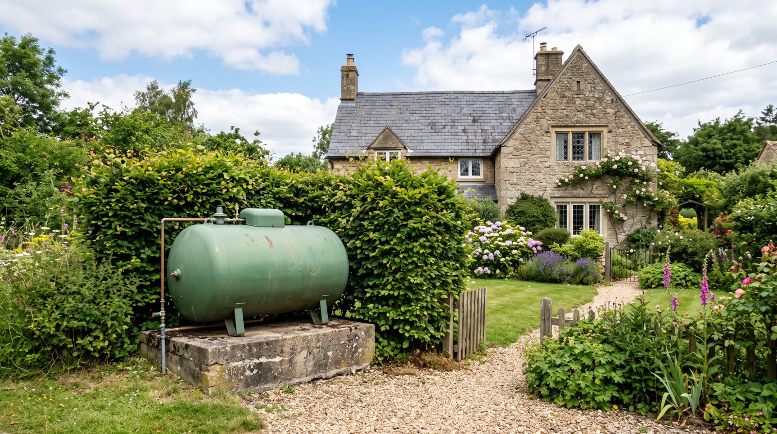 LPG tank installed in the garden of a rural cottage