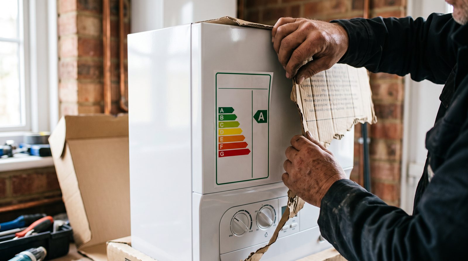 Energy efficiency label on a new A-rated combi boiler