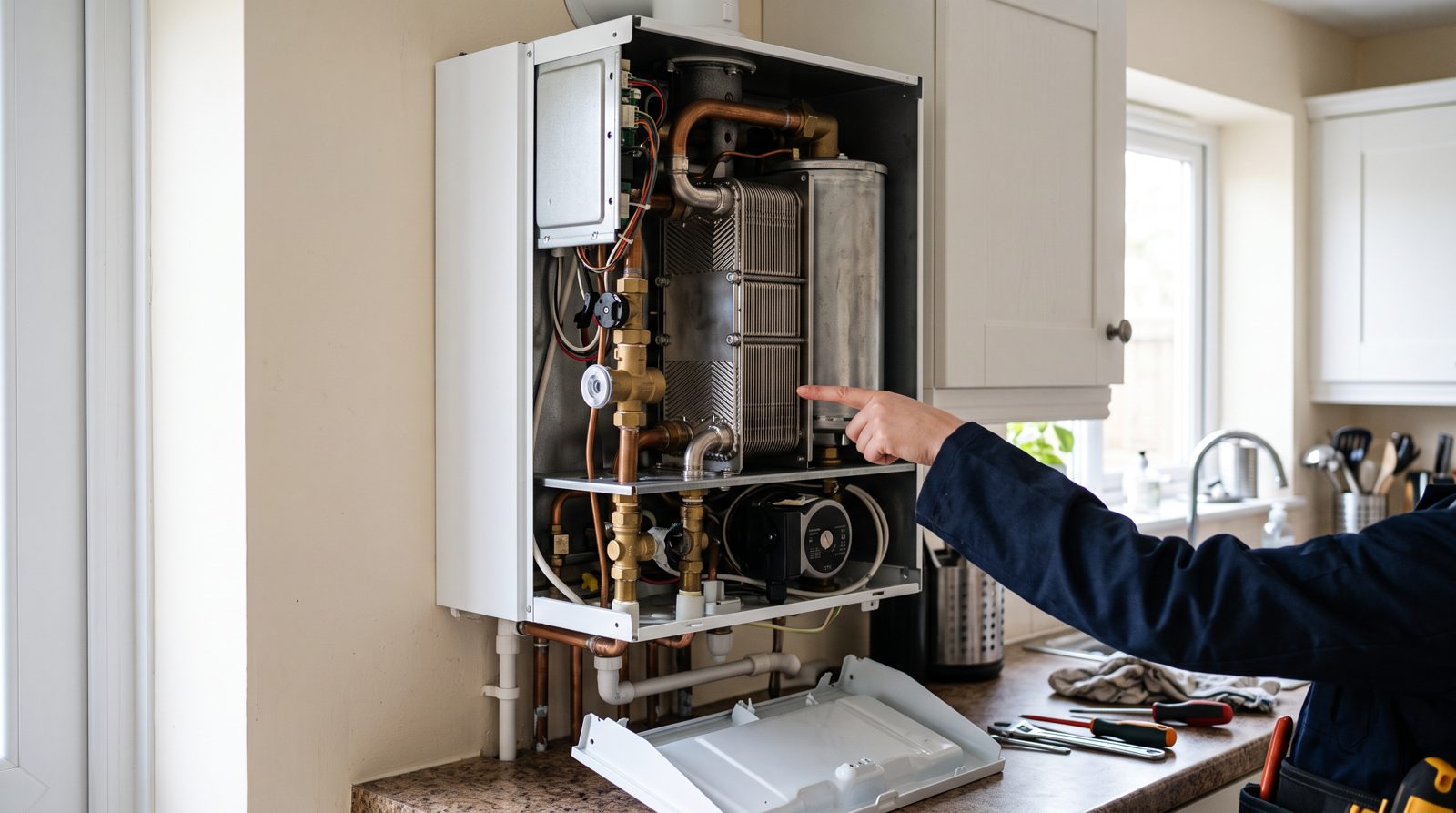 Combi boiler with the cover off showing the plate heat exchanger