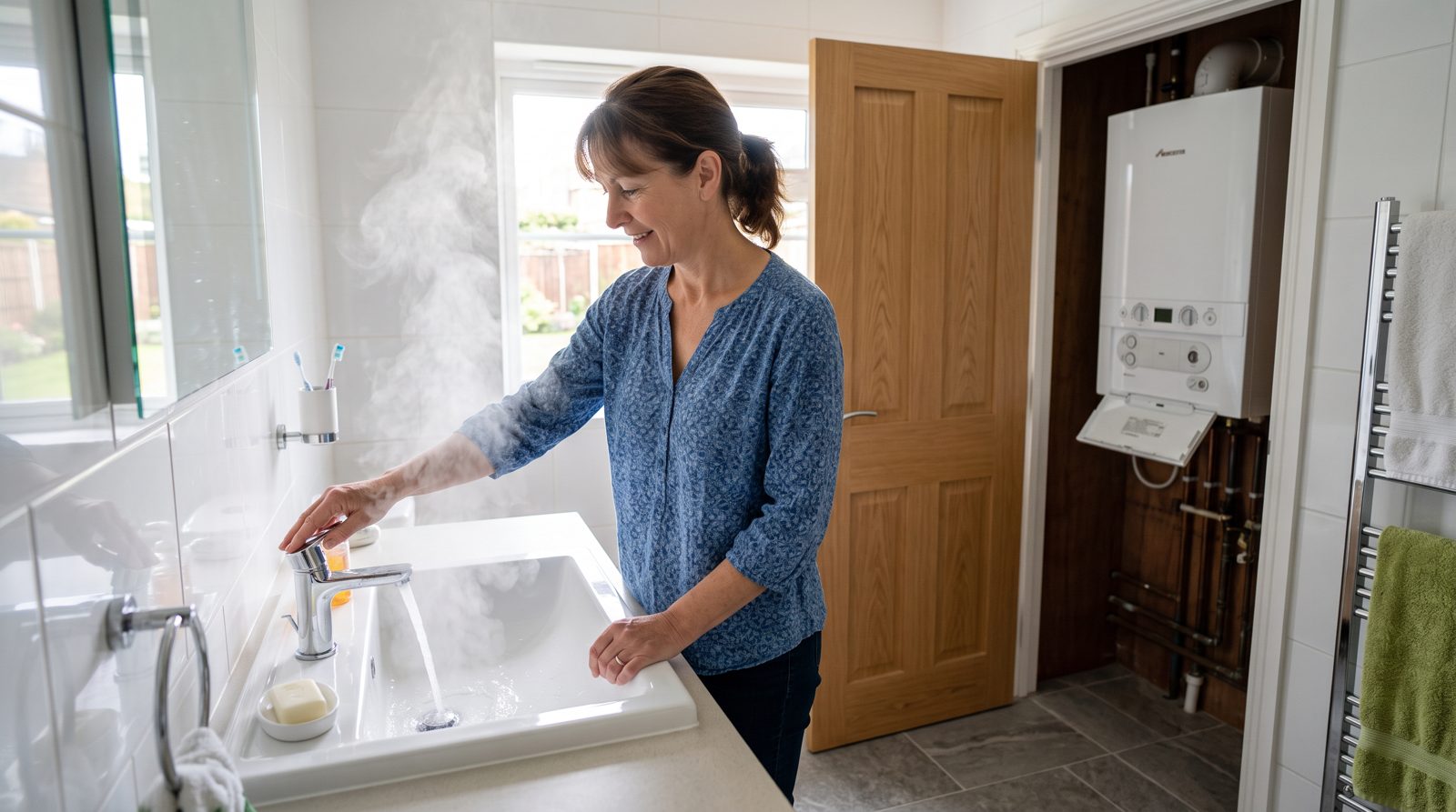 Homeowner running a hot tap with the combi boiler visible in a cupboard