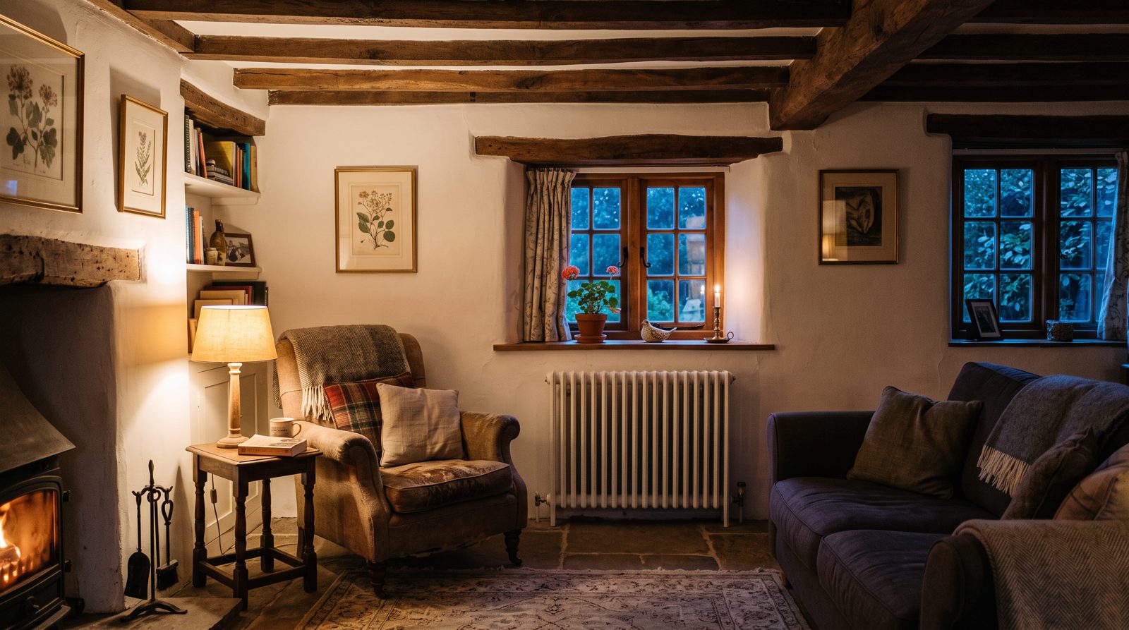 Warm rural cottage living room heated by an efficient oil boiler