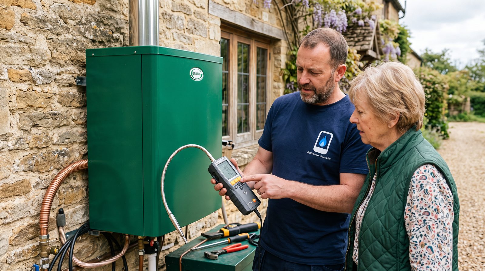 Engineer checking oil boiler combustion efficiency with a homeowner
