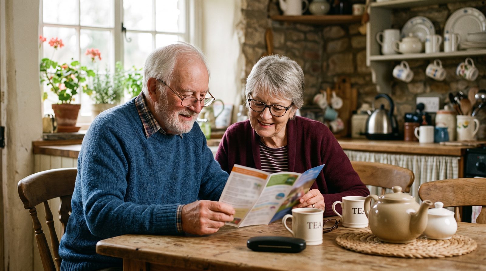 Couple reading grant information at a cottage kitchen table