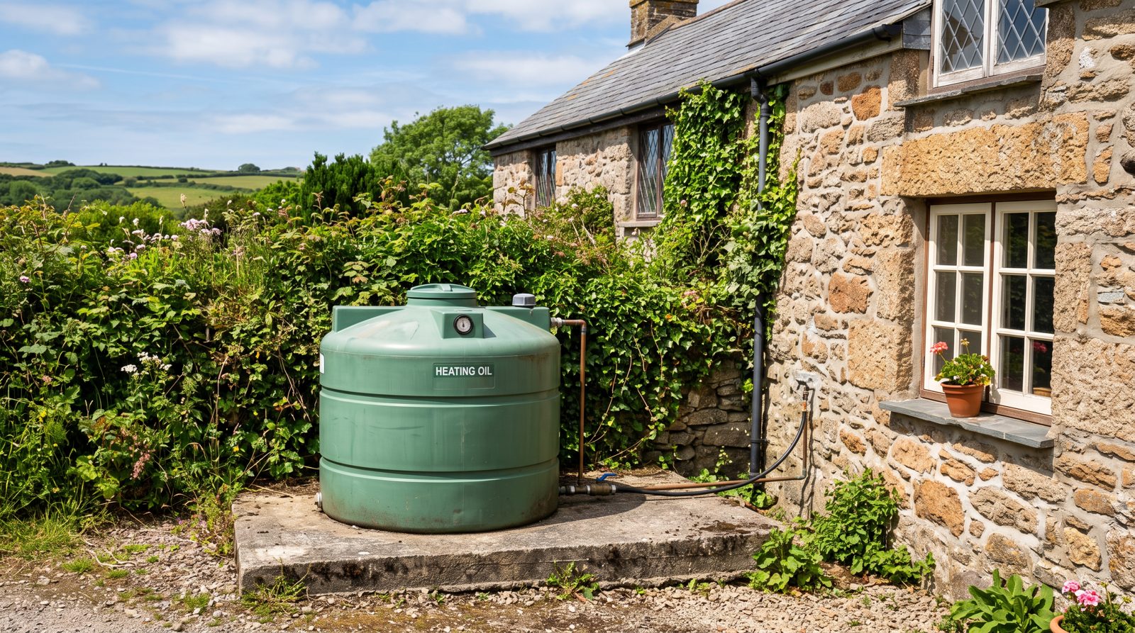 Heating oil tank beside a stone cottage in Cornwall