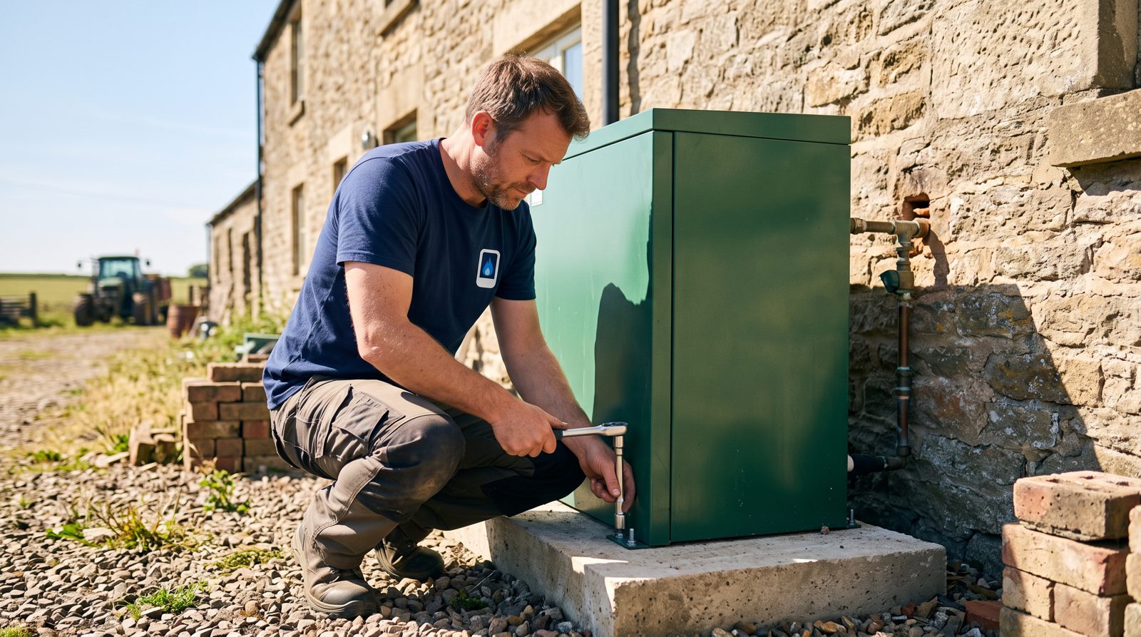 Engineer installing an external oil boiler at a rural farmhouse