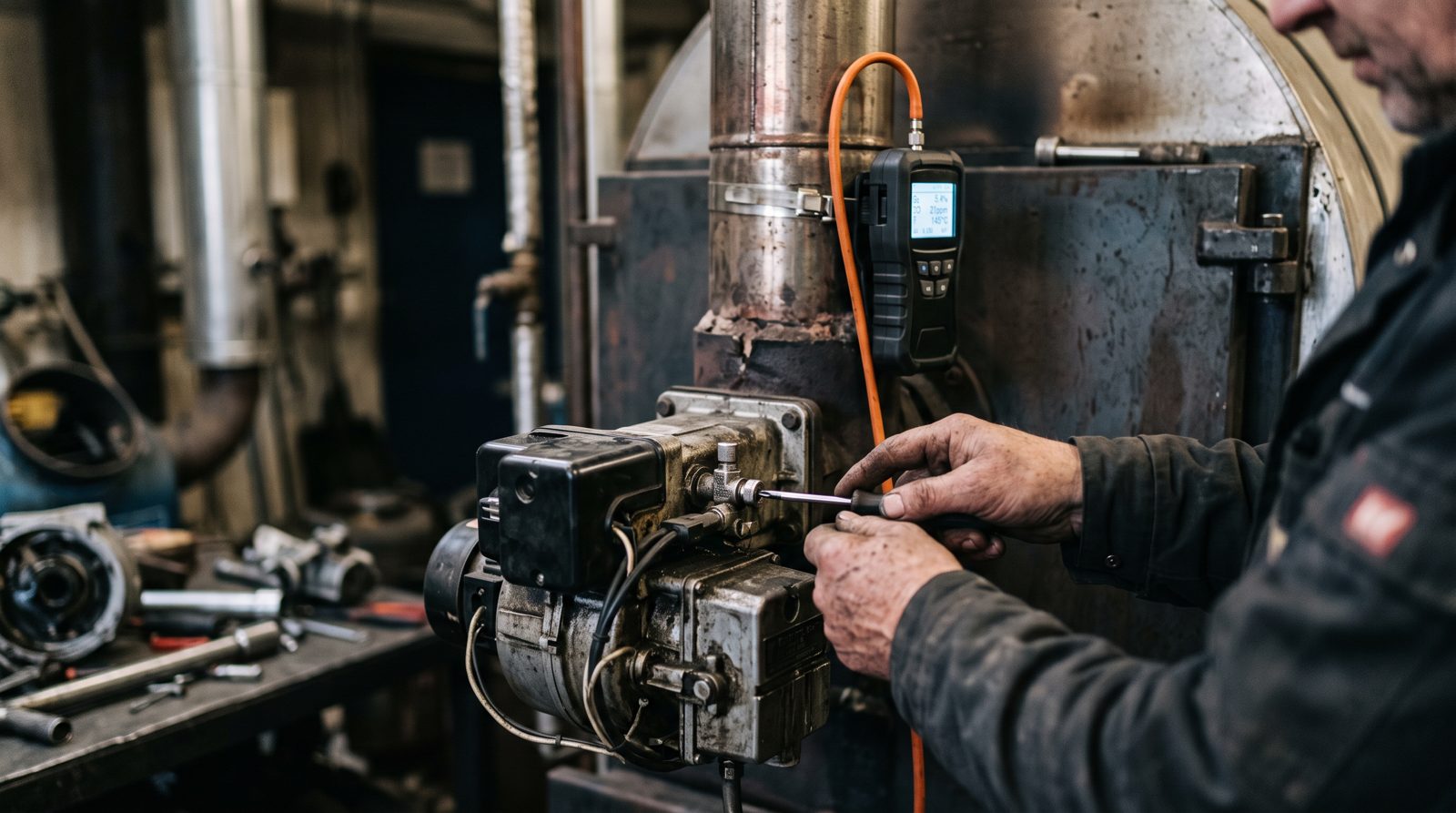 Commissioning an oil boiler burner with a combustion analyser