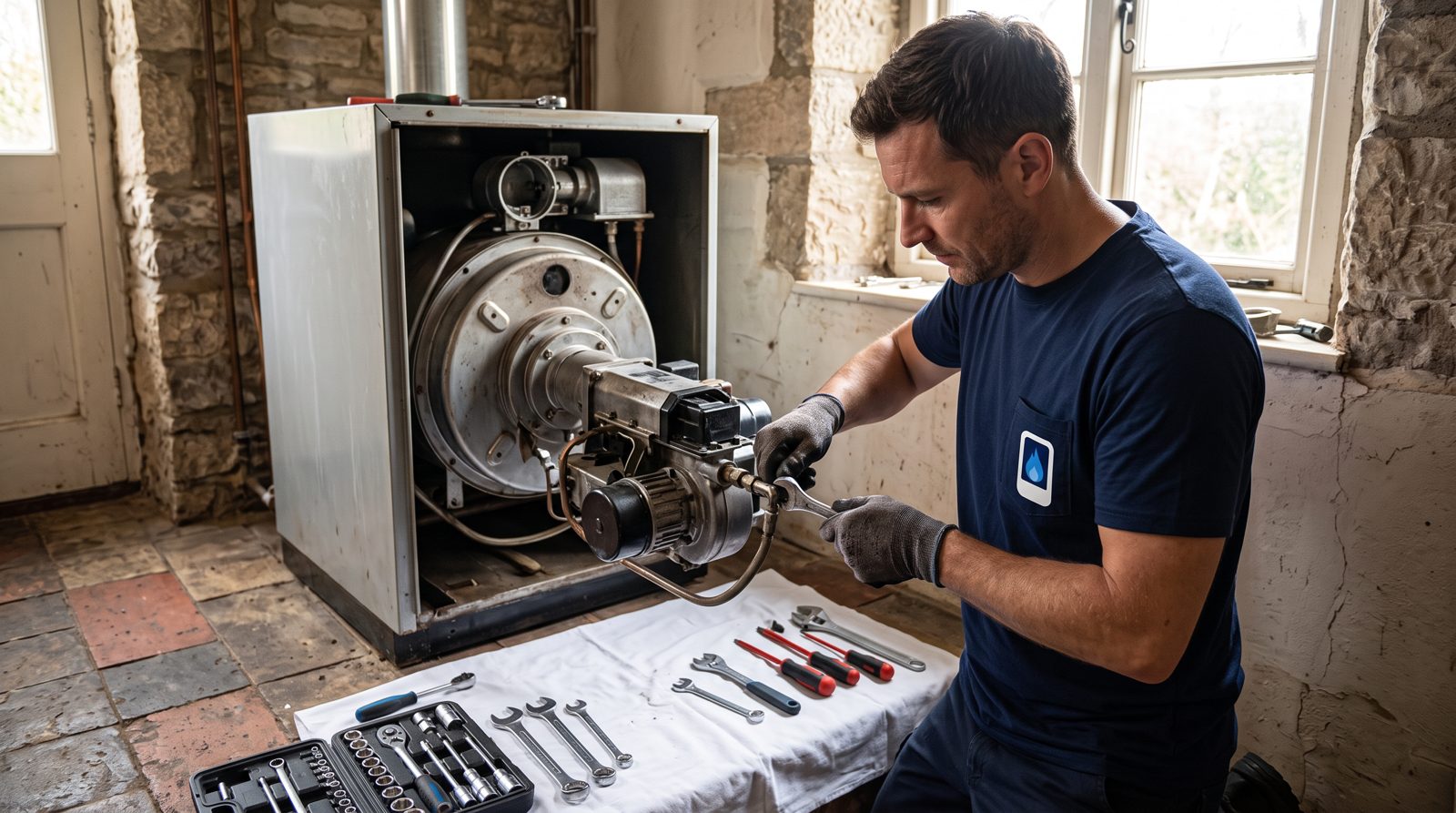 OFTEC engineer removing the burner from an oil boiler to diagnose a fault