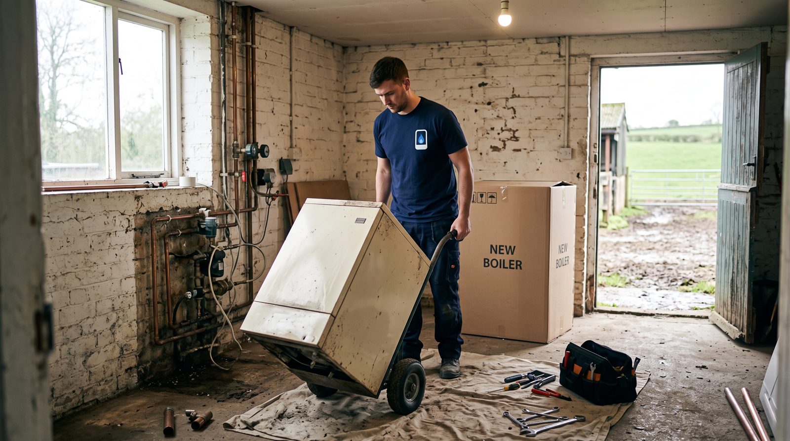 Old oil boiler being removed from a farmhouse utility room