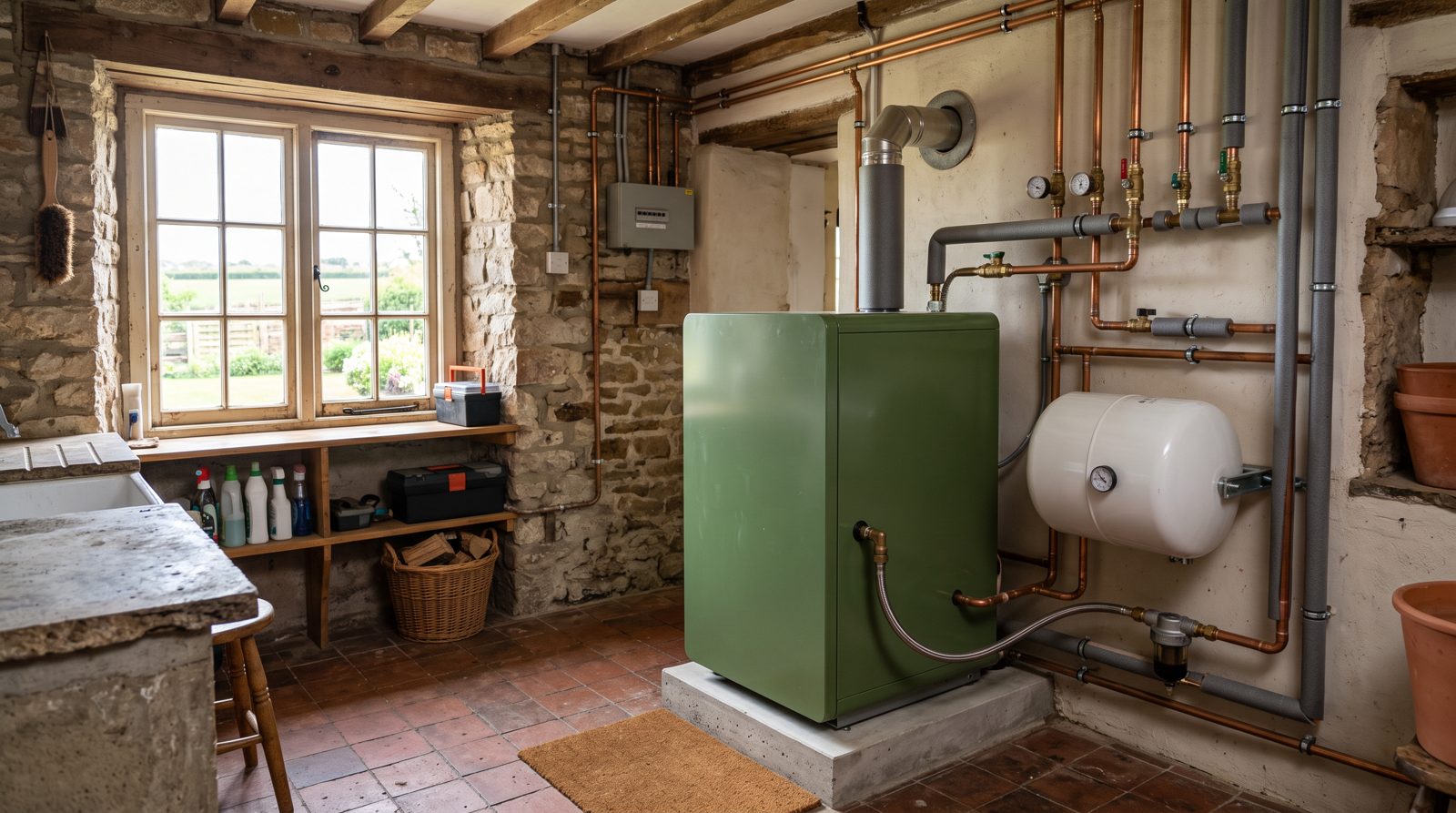 New condensing oil boiler installed with tidy pipework