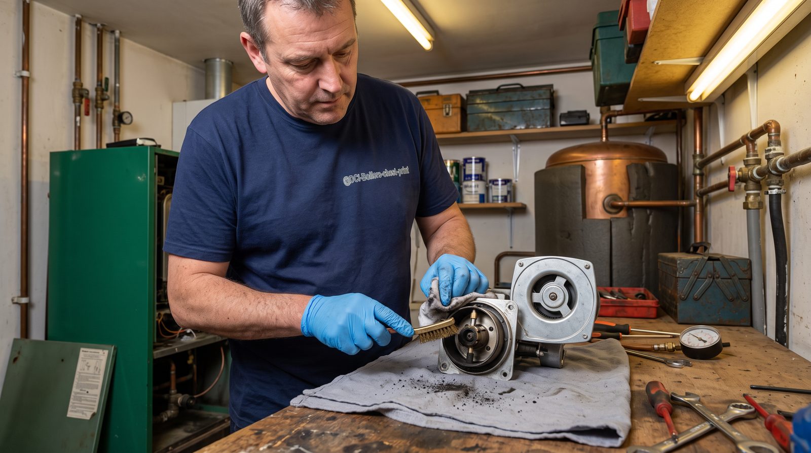 Engineer cleaning an oil boiler burner during a service