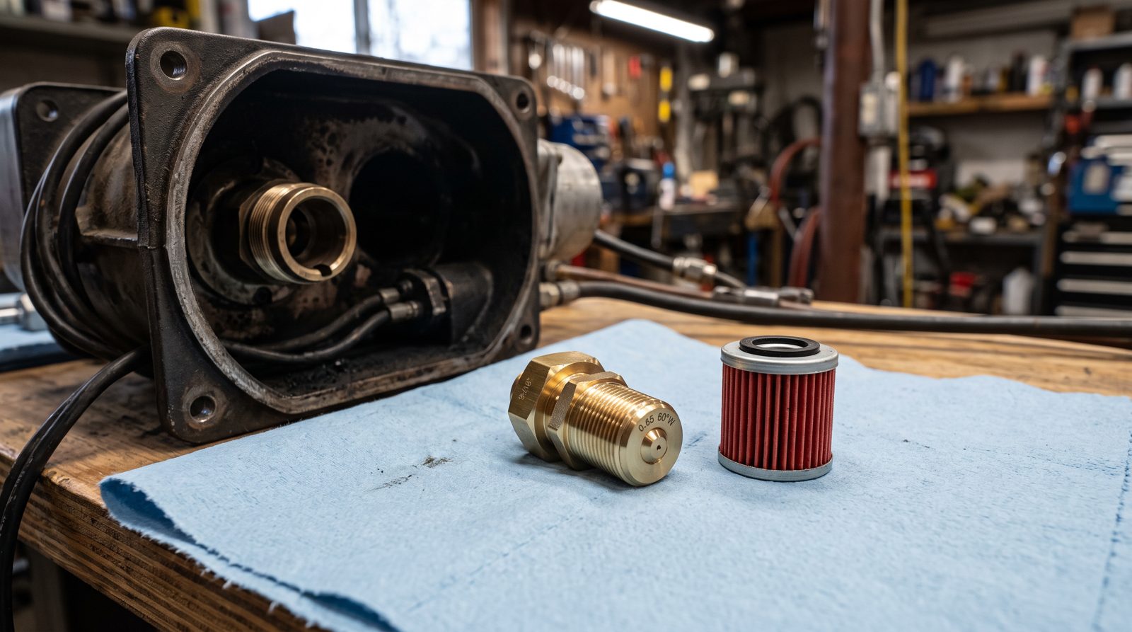 New oil burner nozzle and filter ready for fitting