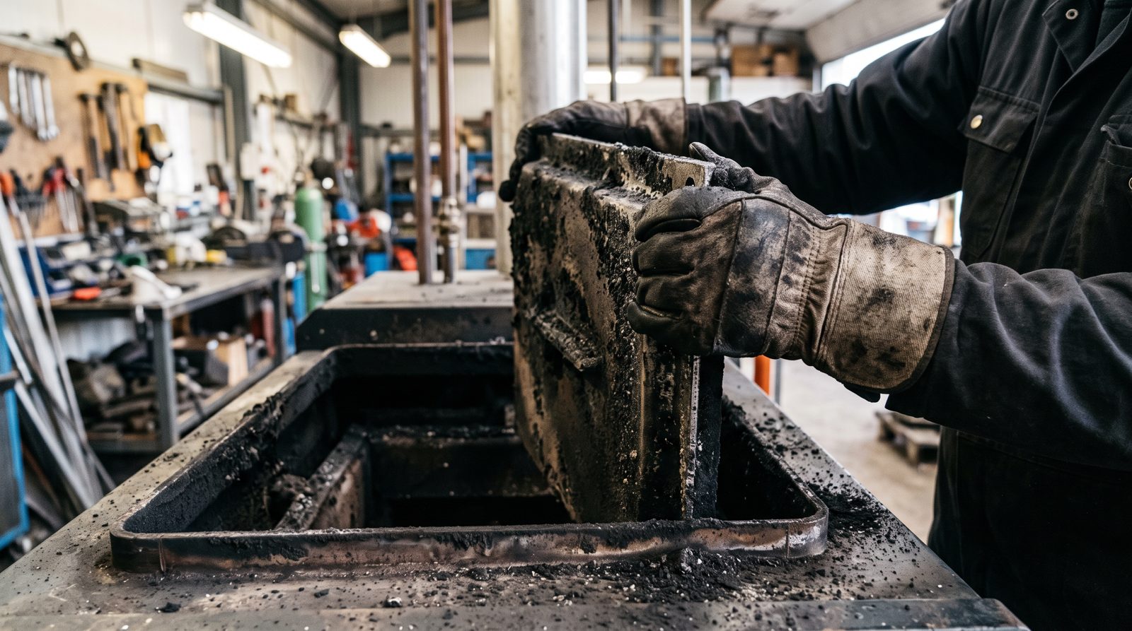 Sooted baffle plate being removed from an oil boiler