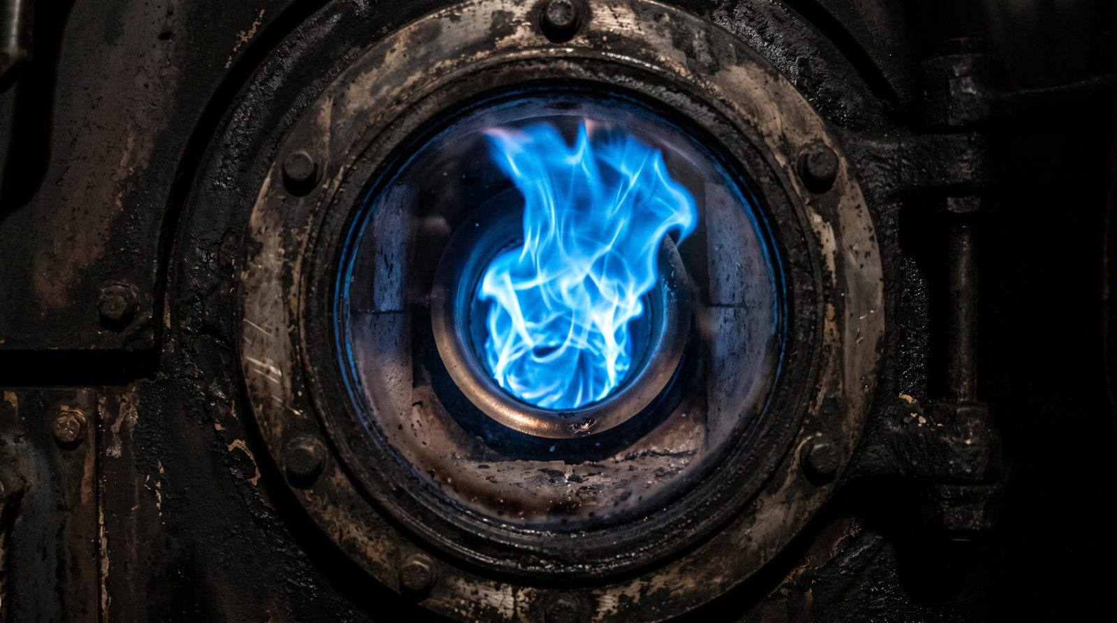 Clean blue flame in an oil boiler after the burner has been serviced