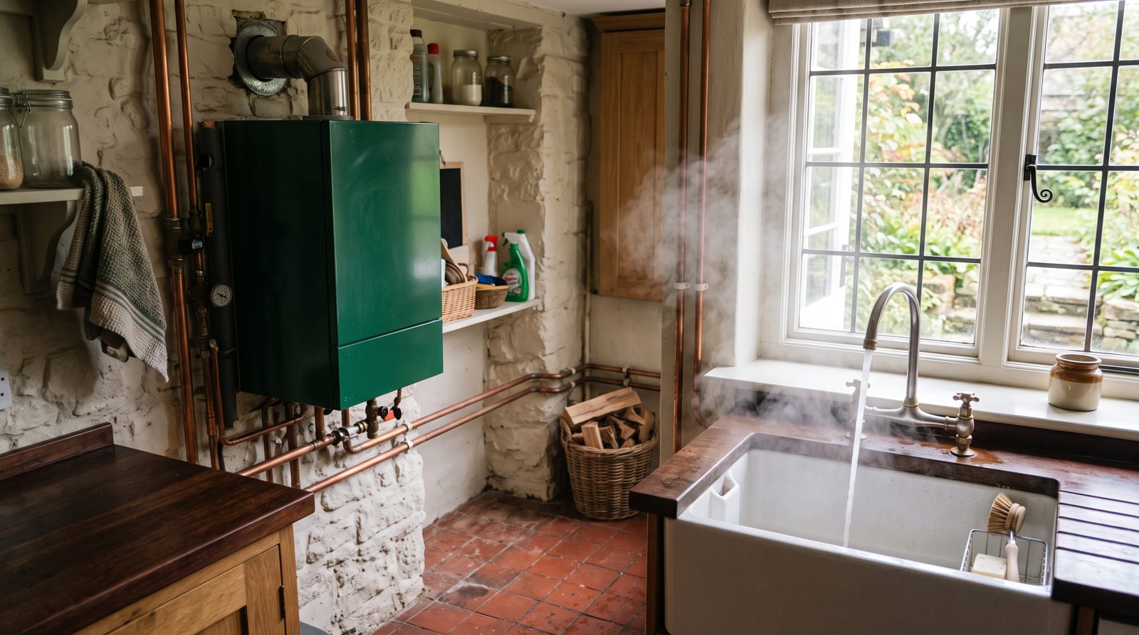 Oil combi boiler in a utility room with hot water running at the sink
