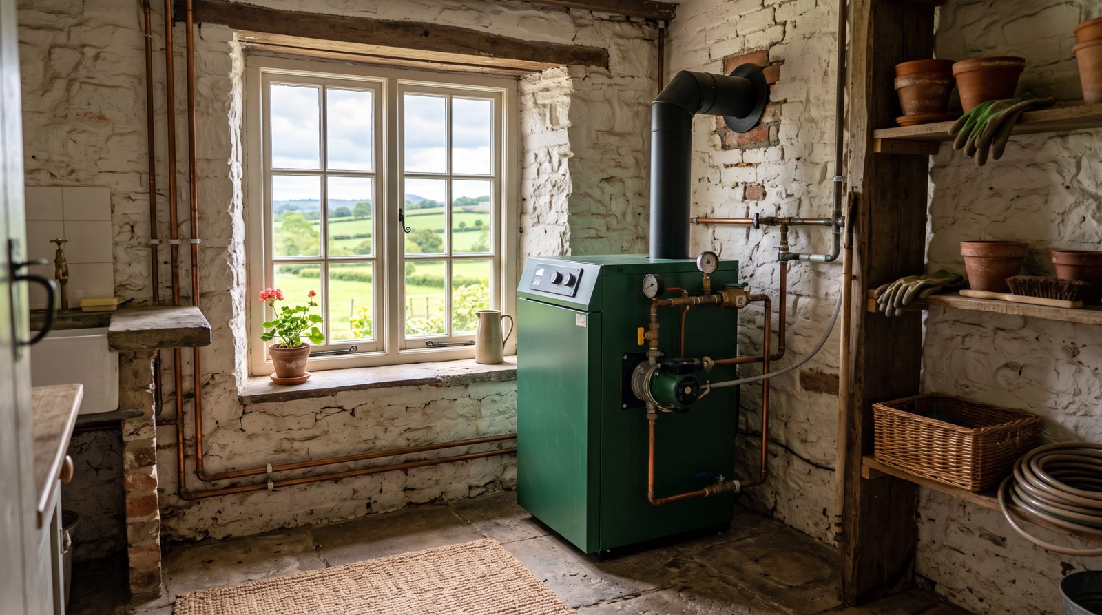 New oil boiler in a cottage utility room overlooking fields