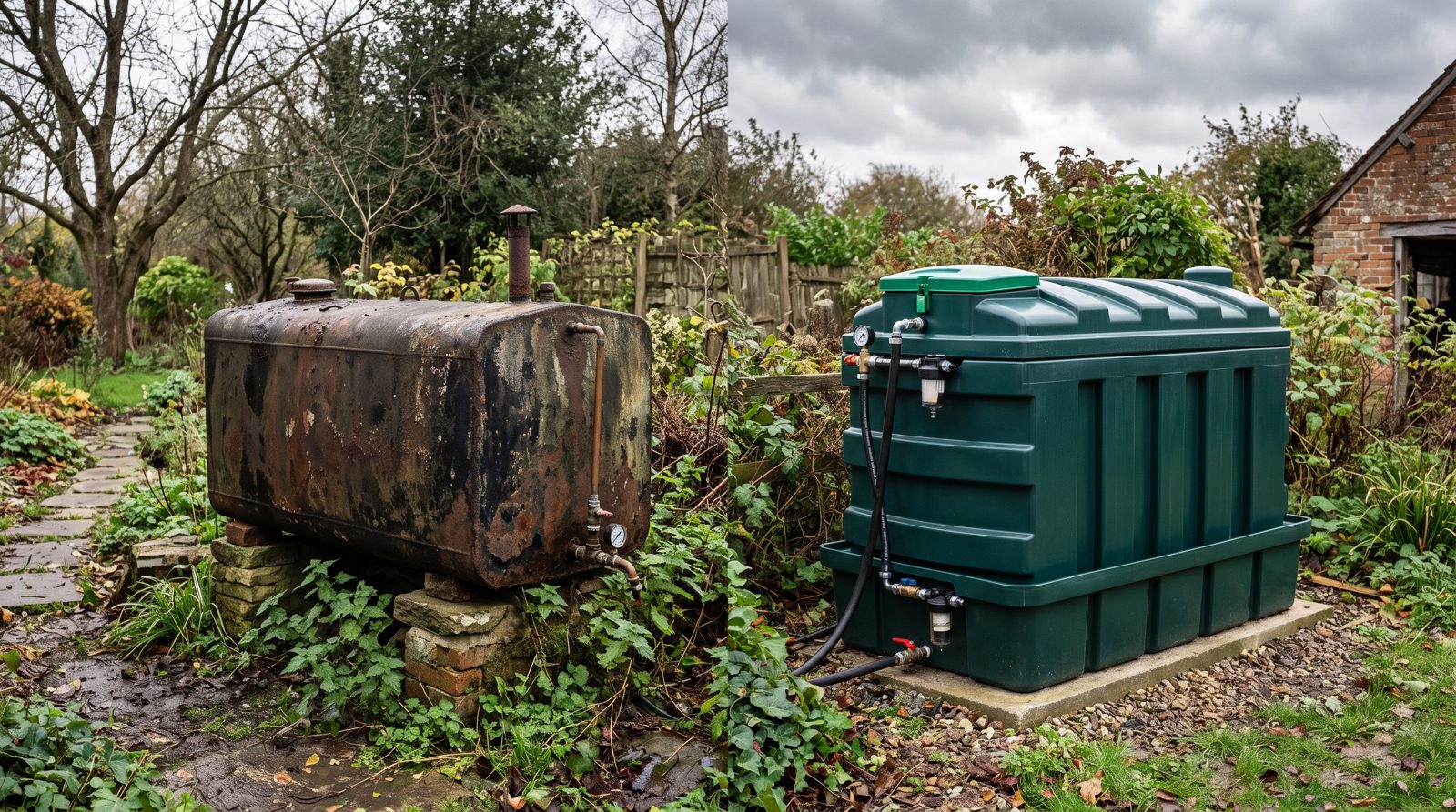 Old rusty steel oil tank beside its new bunded plastic replacement