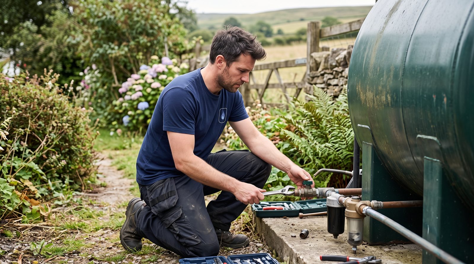 Engineer inspecting the base and pipework of a domestic oil tank