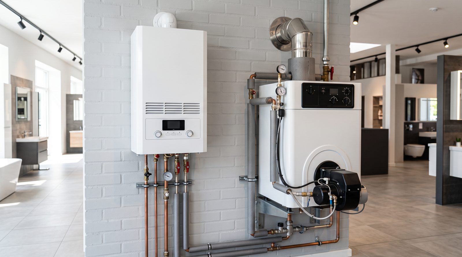 A compact combi boiler beside a larger oil boiler