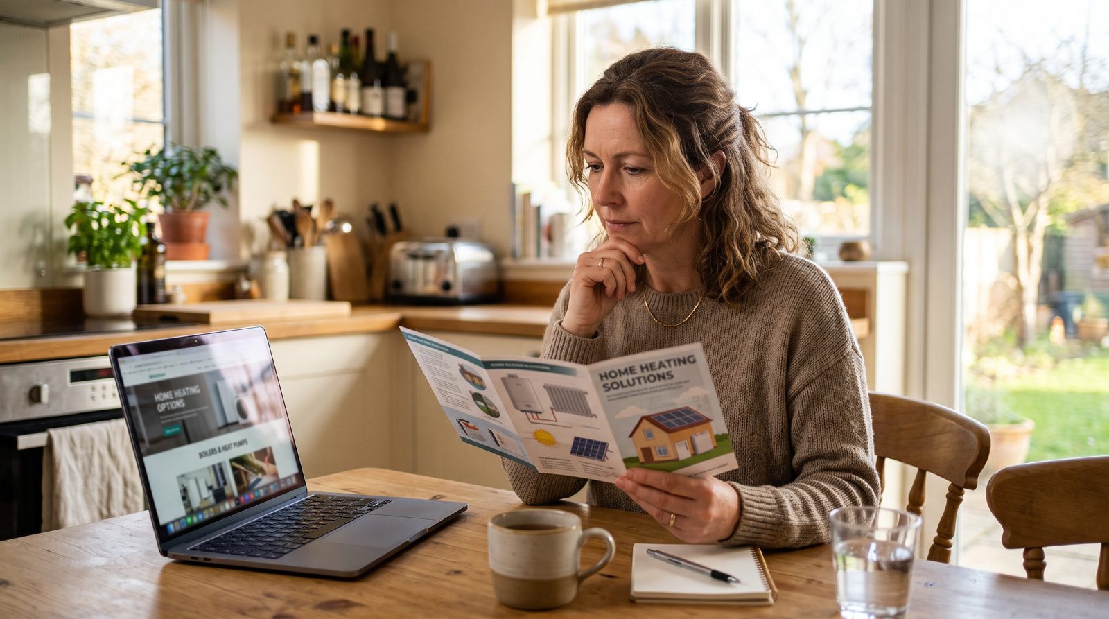 Homeowner weighing up heating options at the kitchen table
