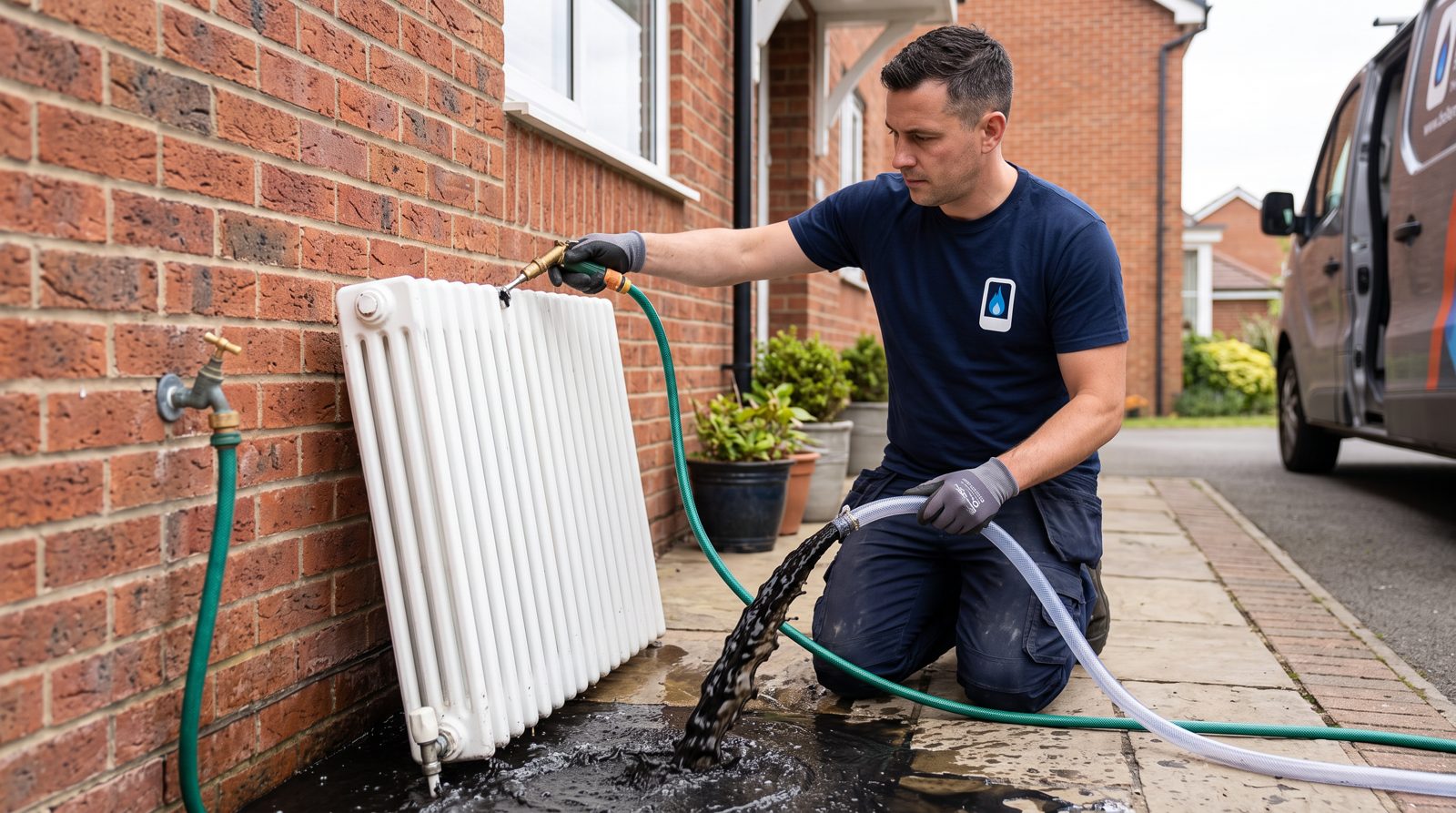 Radiator being flushed with a hose to remove sludge