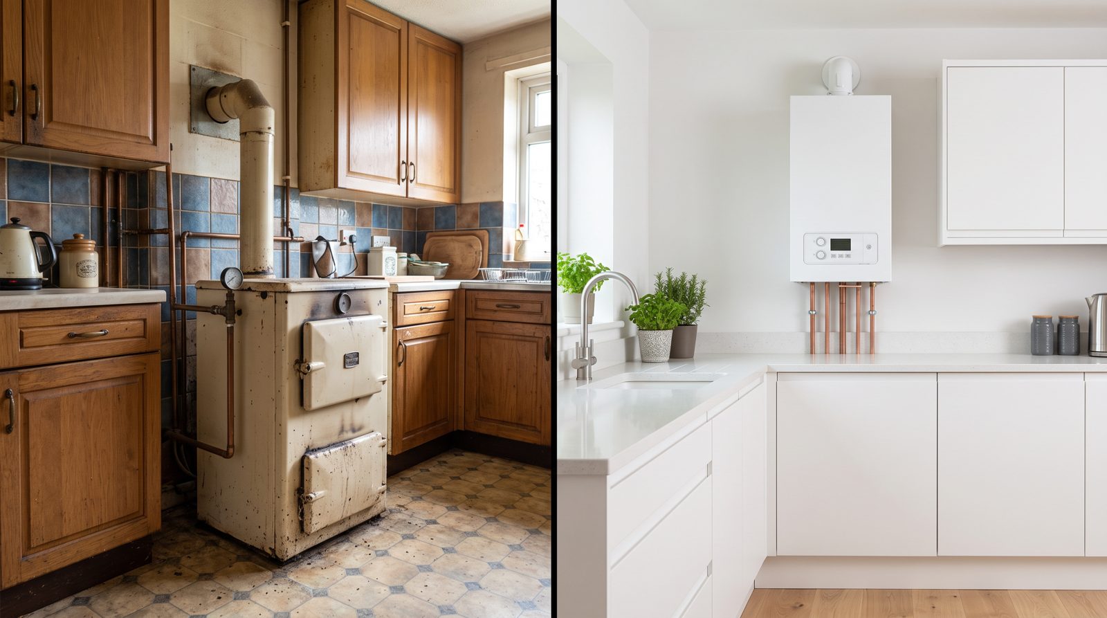 An old floor-standing boiler compared with a modern wall-hung replacement