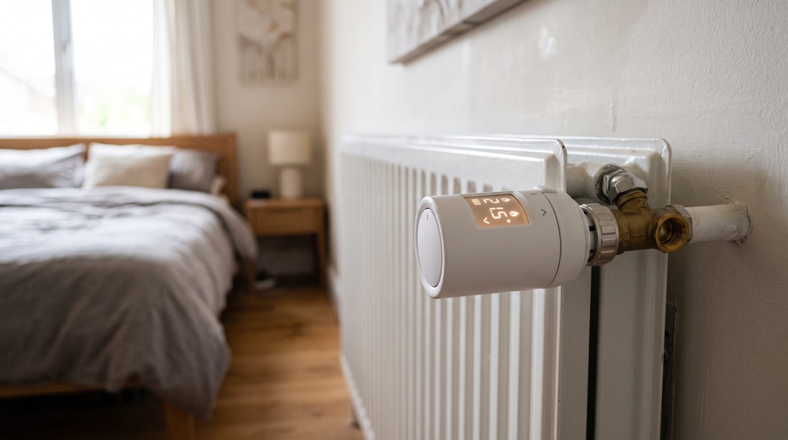 Smart radiator valve fitted to a radiator for room-by-room control