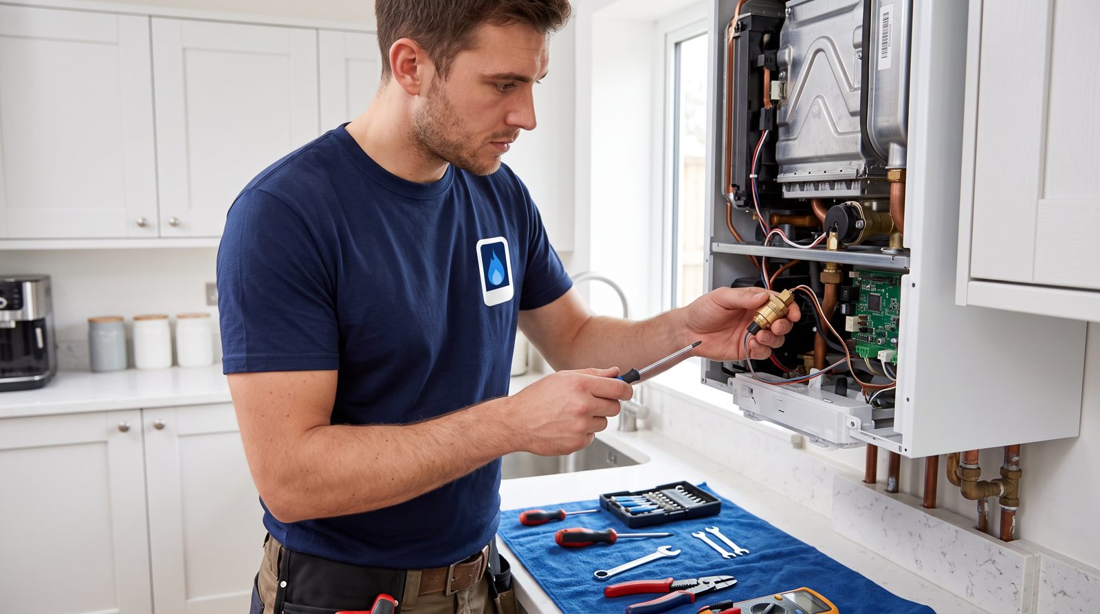 Engineer replacing a boiler pressure sensor to clear a persistent fault code