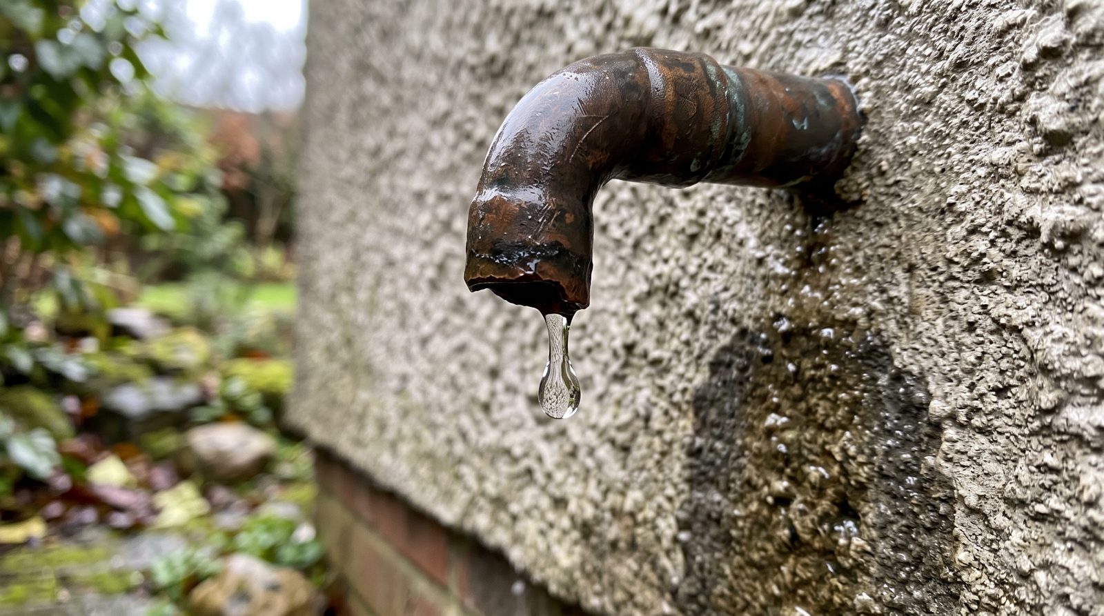 Pressure relief discharge pipe dripping on an outside wall